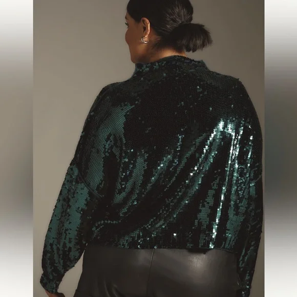 Anthropologie Alani Cashmere Mock Neck Sweater Sequin Ed EMERALD GREEN Sz XL NWT - Picture 4 of 14